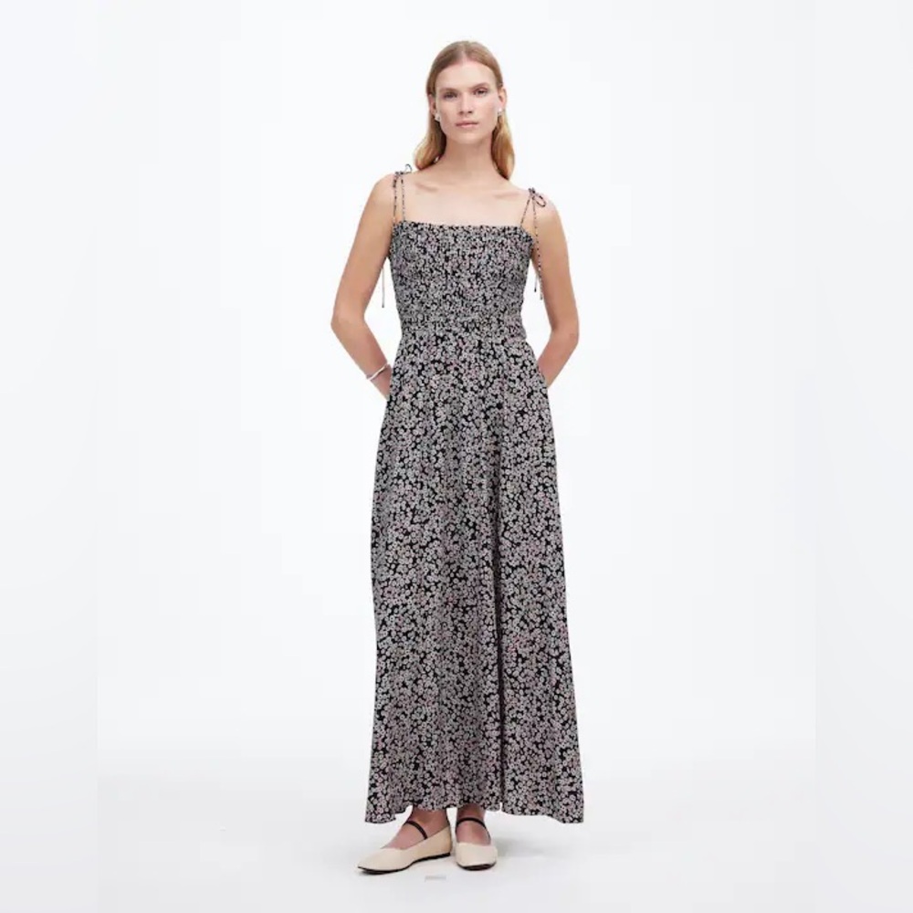 MADEWELL NWOT Floral Smocked Tie Strap Midi Dress in Daisy Black Ground